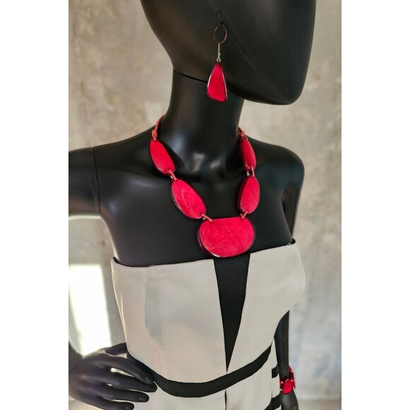 Arabella Bridal Jewelry - Vintage Large Red Abstract Resin Necklace/Earrings/Bracelet Set